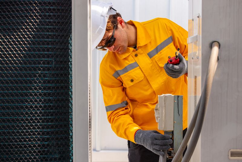 Two industrial technicians crouching on a facility rooftop inspecting cable conduits and utility lines while communicating through handheld radios.