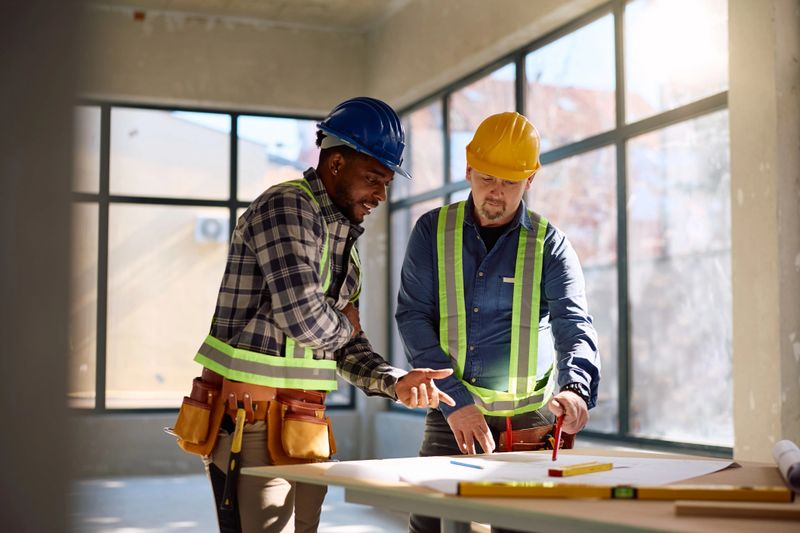 African American worker and his mature colleague analyzing blueprints at construction site.