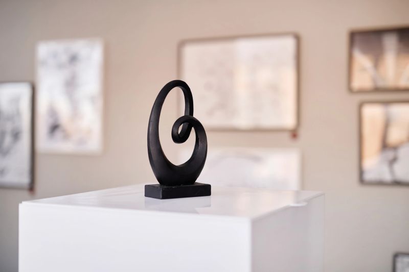 Abstract black sculpture standing on pedestal in contemporary art gallery, blurred framed artworks hanging on wall in background, modern artistic display emphasizing form