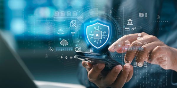 Person using a smartphone with AI security interface overlay.