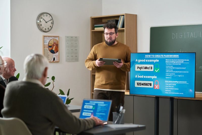 Middle aged Caucasian man holding digital tablet teaching computer literacy course to group of senior men using laptops, large screen displaying password security examples in classroom setting