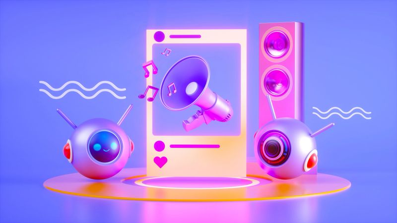 This dynamic and visually striking 3D illustration showcases the power of social media communication, featuring a bold megaphone emerging from an Instagram-style content frame, flanked by expressive robotic eye characters and vibrant pink speakers. Sound wave elements and floating music notes amplify the sense of energy and broadcasting reach. The glossy, metallic finish combined with a vivid purple and pink color palette creates a modern, eye-catching aesthetic full of creativity and excitement. Perfect for social media marketing campaigns, influencer branding, digital advertising strategies, and content creation platforms. Ideal for marketing agencies, online brands, and businesses seeking imaginative visuals that communicate audience engagement, viral reach, and the excitement of modern digital communication.