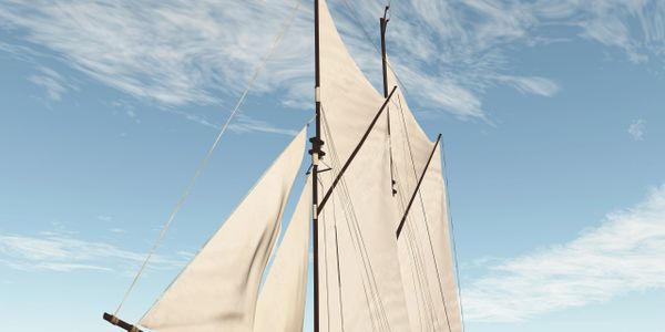 Tall ship with white sails against a blue sky.