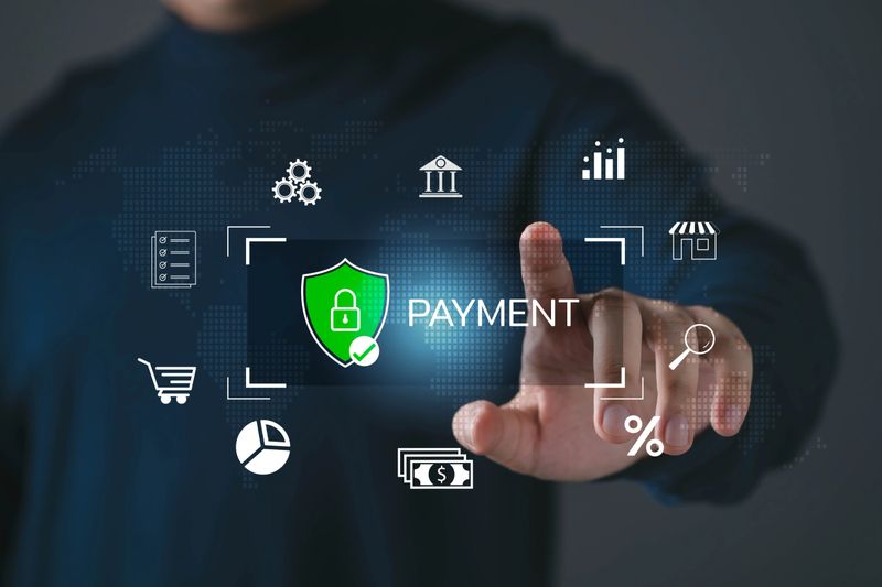 Secure online payment with digital shield and lock icon, hand selecting financial transaction interface, symbolizing ecommerce security, data protection, fintech technology, safe global banking system