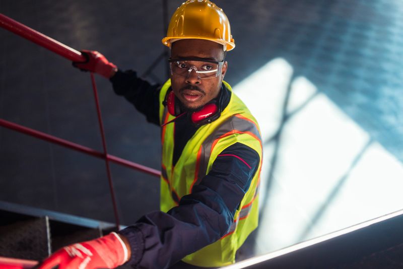 A black male industrial worker in a yellow hard hat and high-visibility safety vest is seen as he ascends a metal staircase inside a modern energy plant