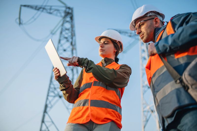 Two electrical engineers discussing power station operations using a digital tablet.