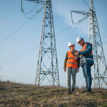 Two engineers in safety gear inspecting power lines outdoors.