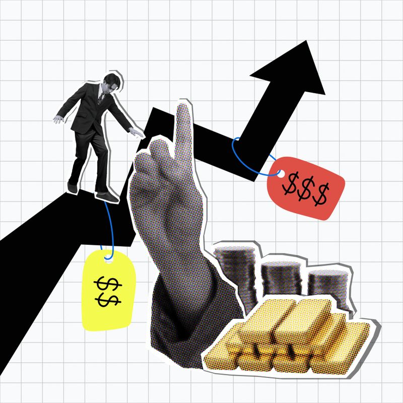 A dynamic showcasing gold price analysis with a businessman pointing at increasing trends and gold bars symbolizing wealth.