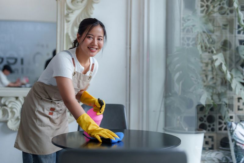 Young, smiling waitress wearing an apron and gloves, diligently cleaning a table with disinfectant spray and cloth in a cozy cafe, ensuring a hygienic environment for customers