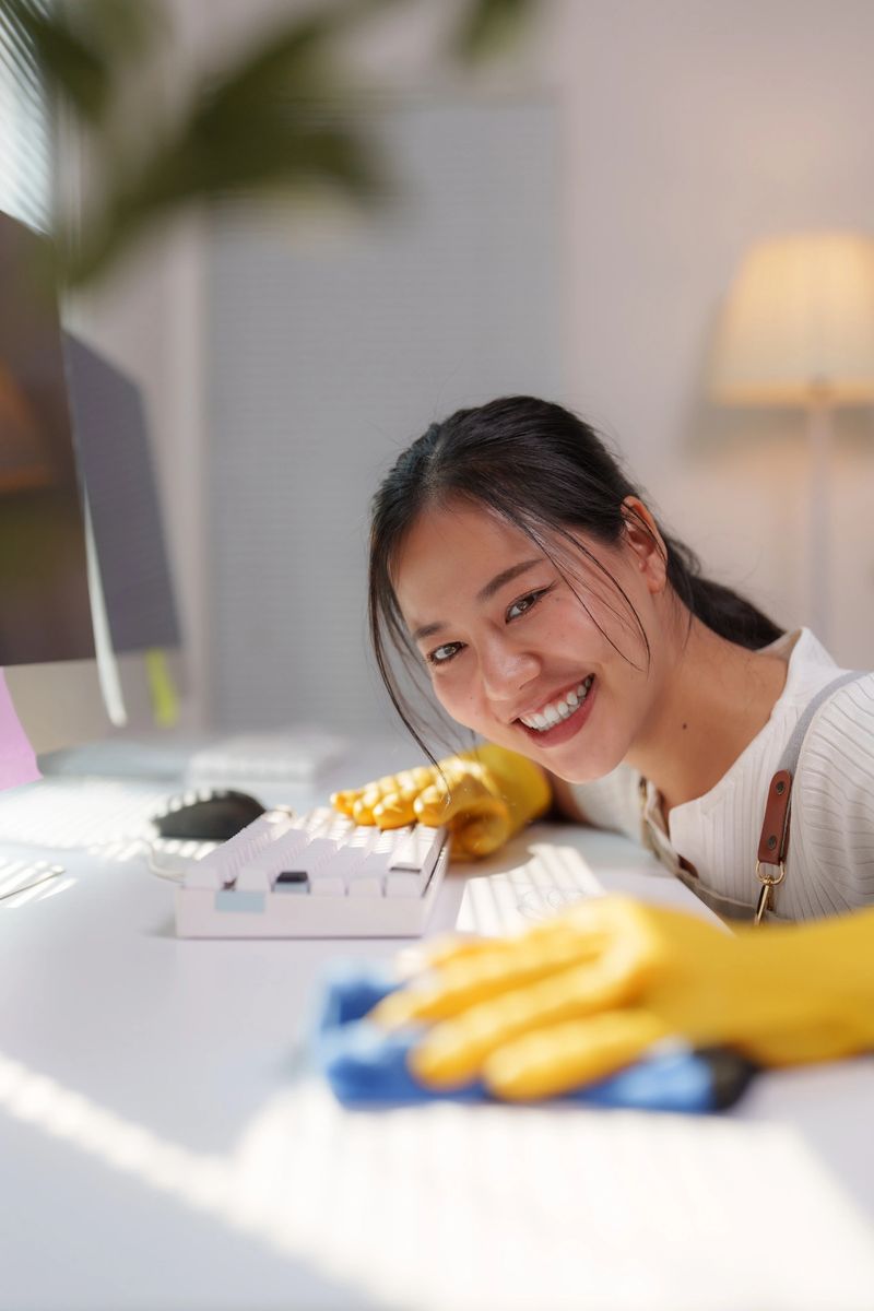 Young asian woman wearing yellow gloves and apron cleaning a desk with microfiber cloth and disinfectant spray, ensuring hygiene and a clean workspace