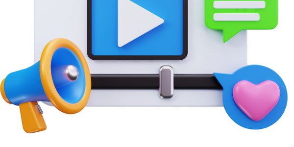 3D icons of a megaphone, video play button, chat bubble, and heart reaction.