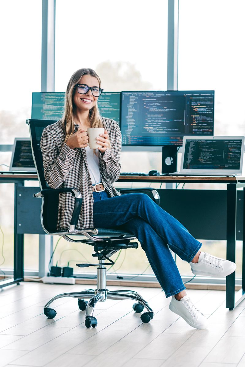 Smiling female developer sits in an ergonomic chair holding a coffee mug at a desk with multiple monitors and a laptop showing code, conveying productivity, focus and a relaxed modern tech workspace.