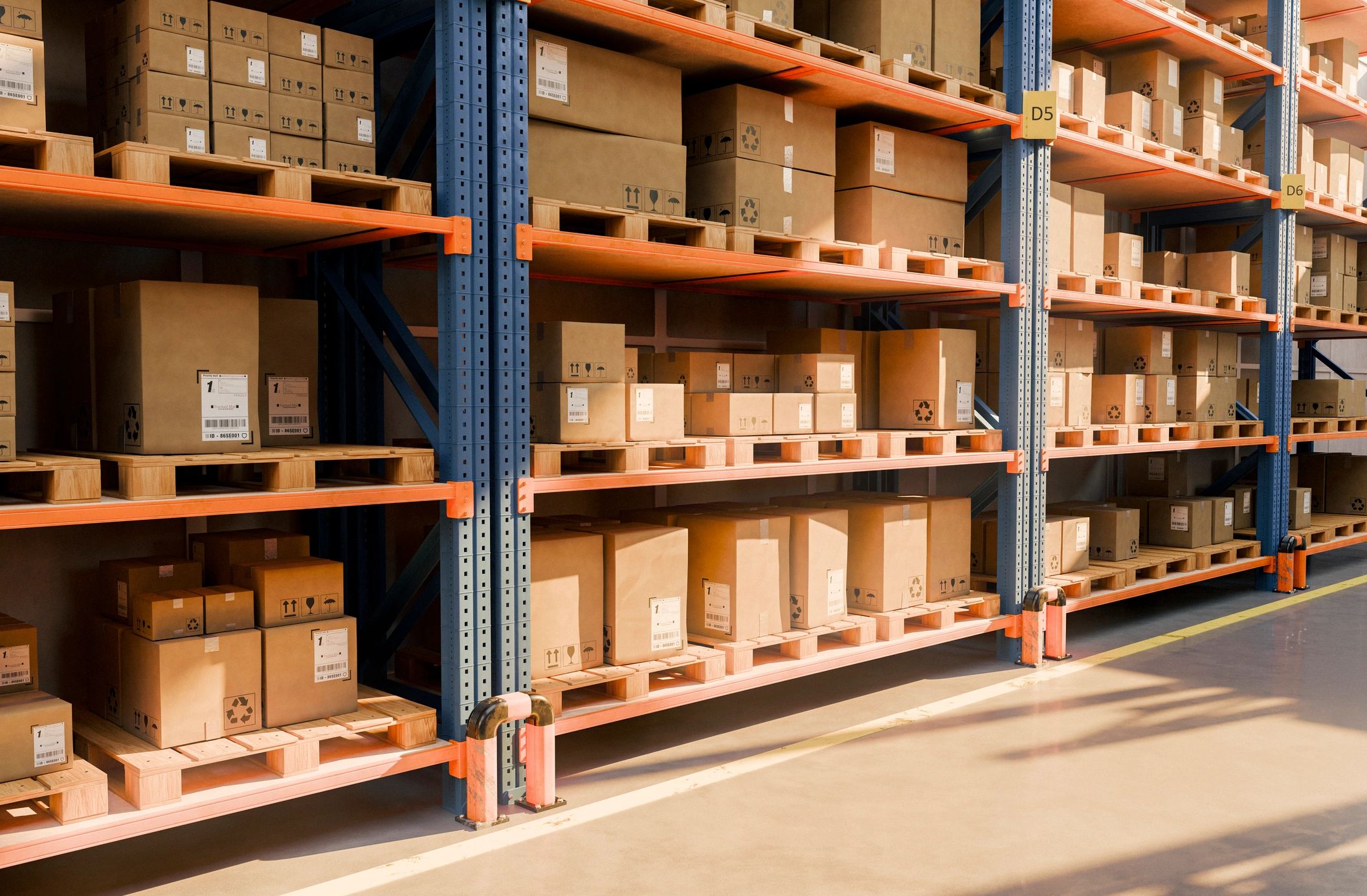 Warehouse shelves filled with cardboard boxes.