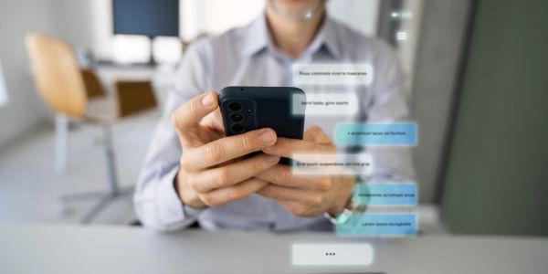 Person holding a smartphone with floating chat bubbles.
