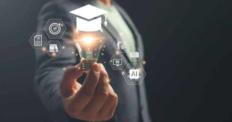 Businessman holding a light bulb with graduation cap, surrounded by icons representing learning, AI, goal setting, and innovation, symbolizing education, knowledge growth, and business optimization.