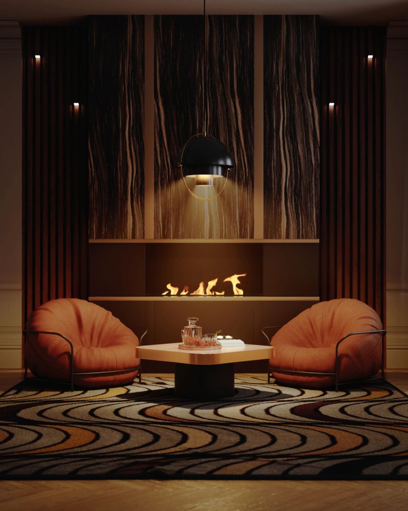 Digitally generated moody night view of an 1980s-inspired retro living room with a glowing linear fireplace, rounded leather lounge chairs, sculptural pendant lighting and a striking wave-pattern rug, creating a dramatic postmodern atmosphere with warm ambient light and upscale lounge character.