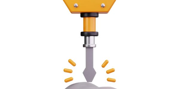 A graphic of a chisel tool striking a rock with impact lines.