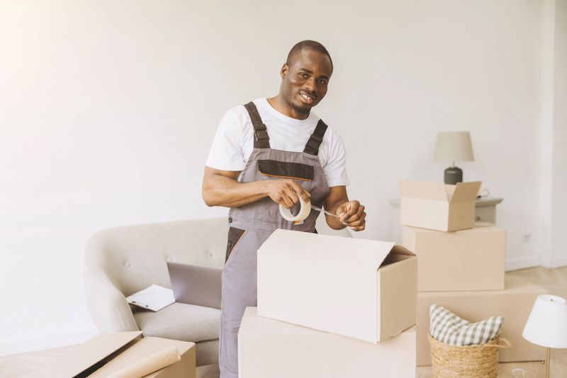 Smiling professional mover packing cardboard boxes with tape, preparing for relocation and home delivery services