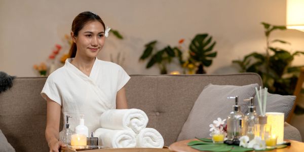Woman preparing spa essentials with towels and candles.