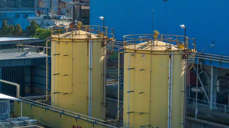An industrial area with large yellow cylindrical metal tanks, pipes and passages hinting at a complex processing plant