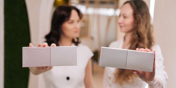 Deux femmes tenant des boîtes blanches avec des motifs.
