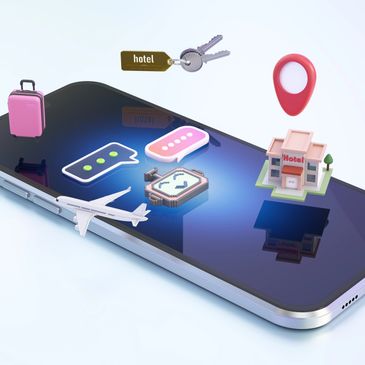 Smartphone with travel and hotel icons floating above its screen.