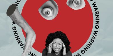 Anxiety and digital overload visualized through a stressed woman and warning signs.