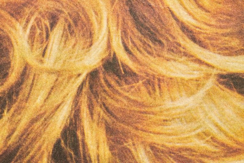 Detailed macro shot of wavy blonde hair with golden highlights, showing hair fibers and natural flowing hair texture.