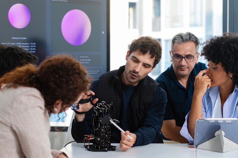Professional Male Robotics Engineer Explaining Prototype Hand during technical review. Team members take part in a robotics discussion while a specialist explains prototype mechanics in  Tech Office meeting room.