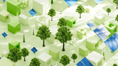 A conceptual green city with eco-friendly buildings, trees, and solar panels.
