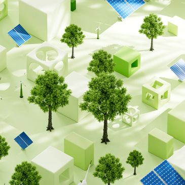 Sustainable city model with trees and solar panels.