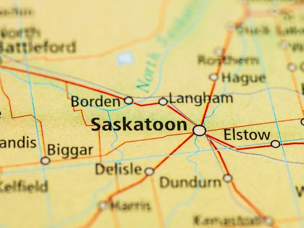 Close-up map of Saskatoon and nearby towns.