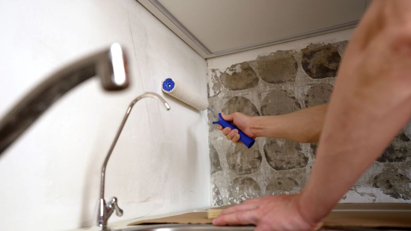 Construction worker applying primer to a wall with a paint roller, preparing the surface for a fresh coat of paint