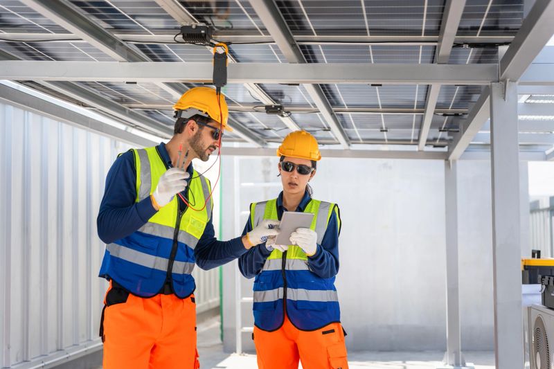 Technicians performing diagnostic tests solar panel, Team of experts collaborating on solar energy maintenance, Engineers using multimeter and tablet to test photovoltaic system wiring