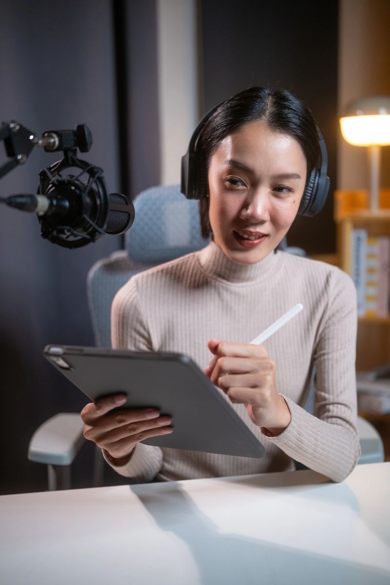 Portrait of a confident beautiful asian female podcaster sitting in a cozy home studio with a microphone and headphones, looking at the camera, ready to record a live audio broadcasting. Vertical Shot