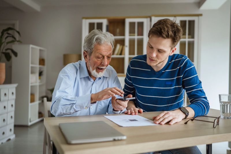 Young man assisting an elderly man, scanning a qr code on a paper document with his smart phone, teaching digital literacy and bridging the generational gap in technology at home