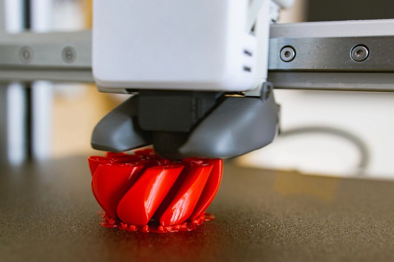 A close-up view of a 3D printer nozzle depositing molten plastic to build a red, intricate object layer by layer
