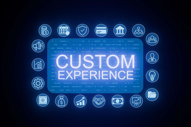 A bright blue rectangle displays the text Custom Experience surrounded by various icons. Each icon symbolizes different services and technology, creating a modern digital design.