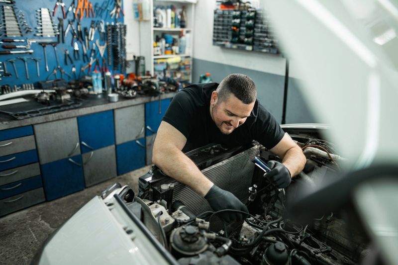 Professional mechanic examining vehicle engine at an automotive repair workshop