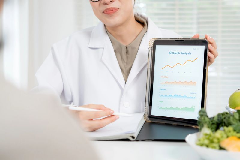 Asian nutritionist showing AI health analysis graph on tablet to senior patient, doctor using technology for medical data tracking, medical diagnosis for diet control, consulting and nutrition.