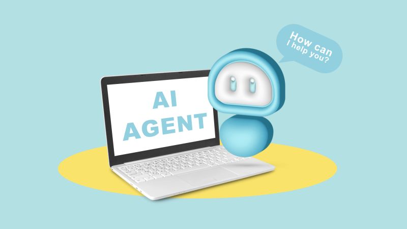 An AI agent stands next to a laptop, asking how to assist users during an online task.