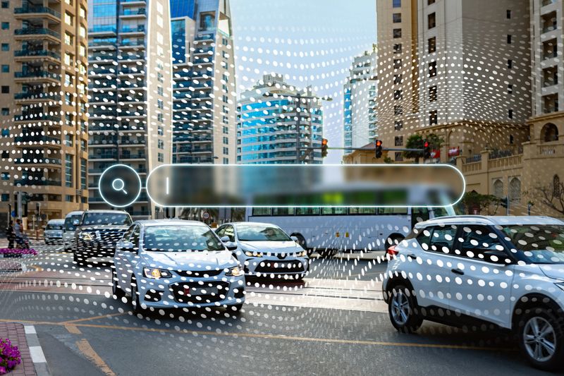 Cars are moving through a busy intersection in a city with tall buildings in the background.