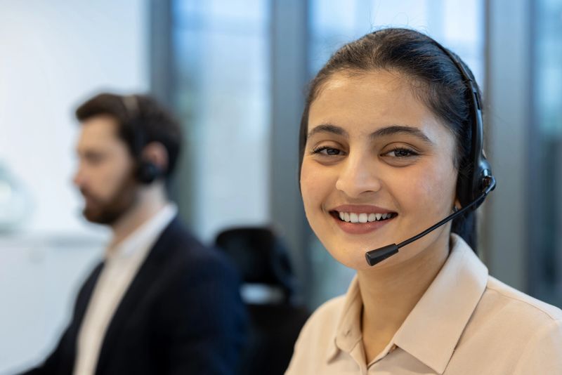Friendly customer service representative wearing a headset, assisting customers in a professional office setting, promoting communication, assistance, and technology use in a business environment.