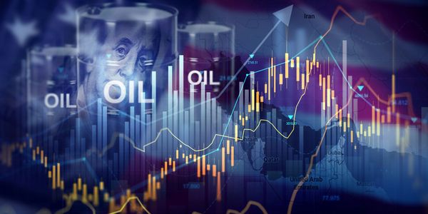 Digital collage showing oil market trends with financial charts and currency imagery.
