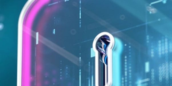 Une serrure numérique avec des effets lumineux bleus et roses.