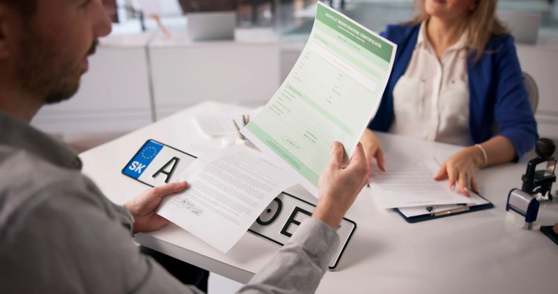 Vehicle Registration Specialist Hands Over New License Plates To Car Owner During Auto Licensing Process