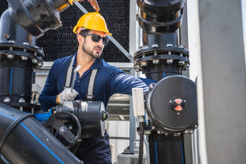 Professional engineer inspecting and repairing industrial water cooling system and pipeline in a factory, Technician in hard hat and safety gear working on heavy duty industrial piping and valves