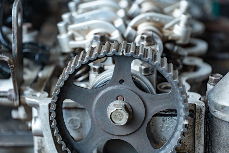 Close-up view of an automobile engine's intricate internal components, including gears and metal parts