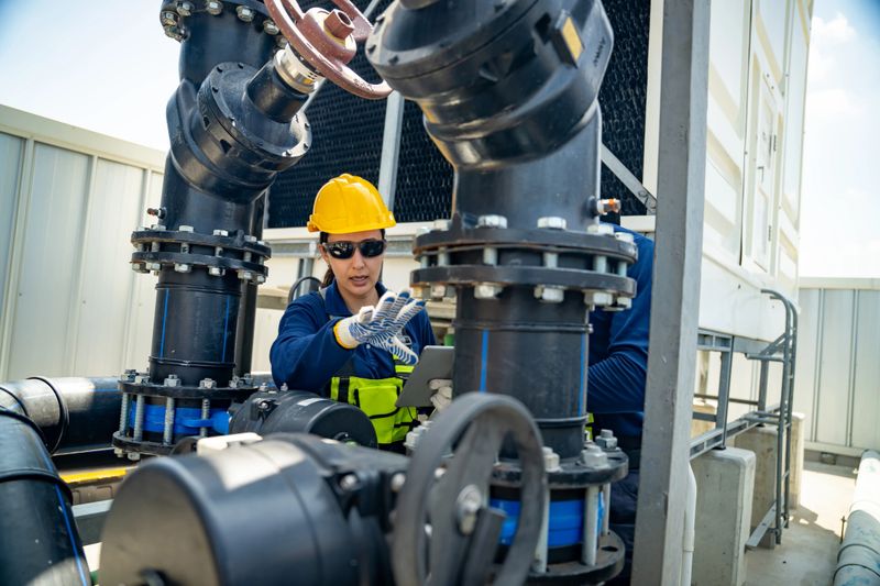 A woman wearing safety gear and a hard hat uses a tablet to check industrial equipment and large pipes on a rooftop
