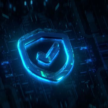 Glowing blue shield with a checkmark symbol on a digital board.